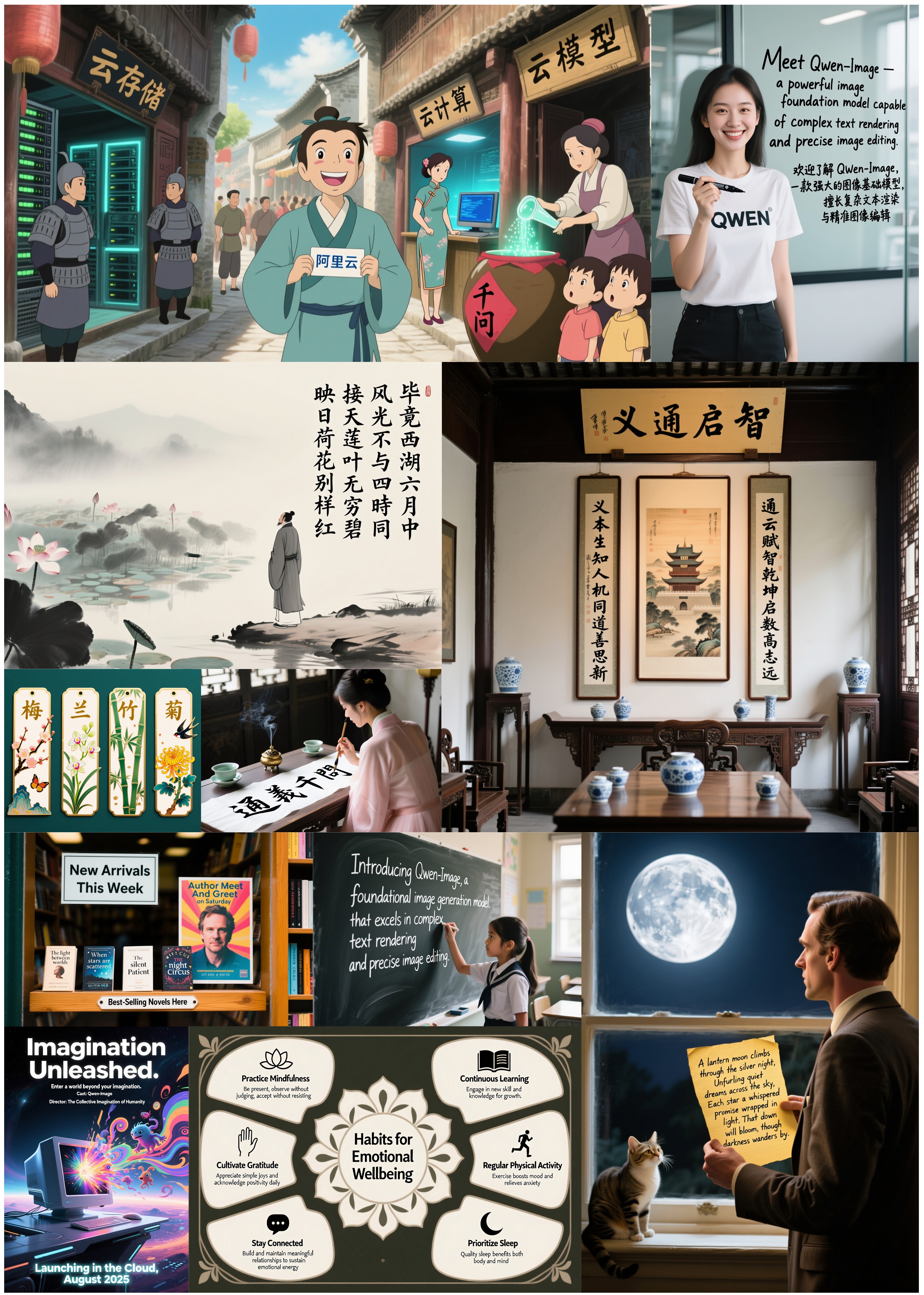 Qwen Image real-world applications: traditional Chinese art, modern design, and multilingual content